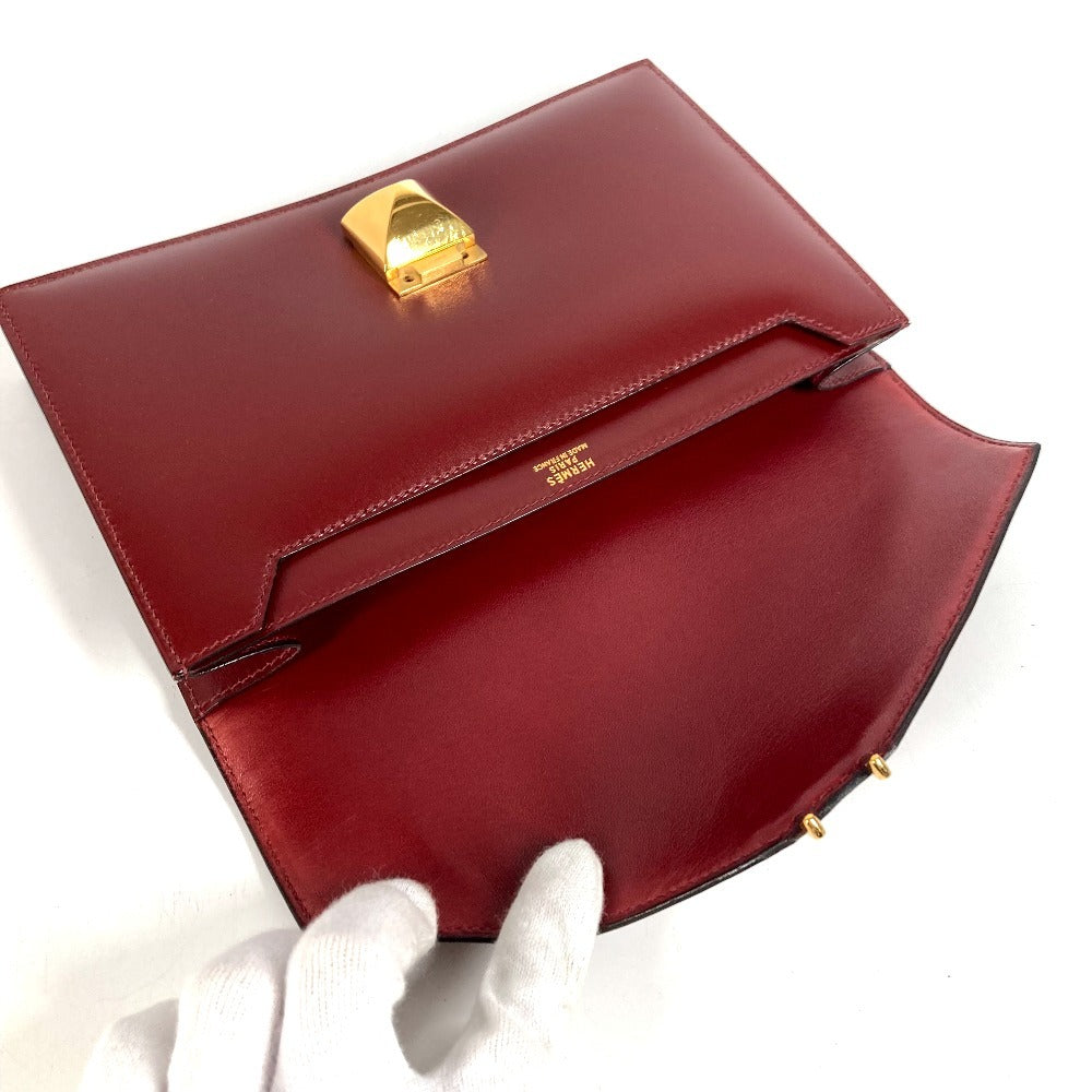 HERMES ヴィンテージ メドール ロゴ フラップ カバン セカンドバッグ ポーチ クラッチバッグ ボックスカーフ レディース ブラウン系