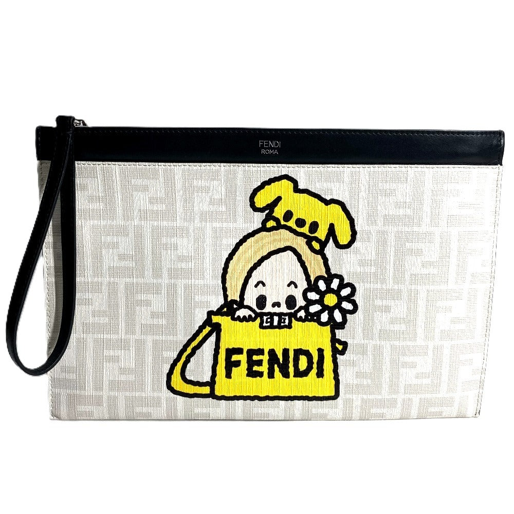 FENDI 7N0134 タロアウト Tarout コラボ ズッカ ロゴ クラッチバッグ ポーチ カバン セカンドバッグ クラッチバッグ レザー ユニセックス ホワイト