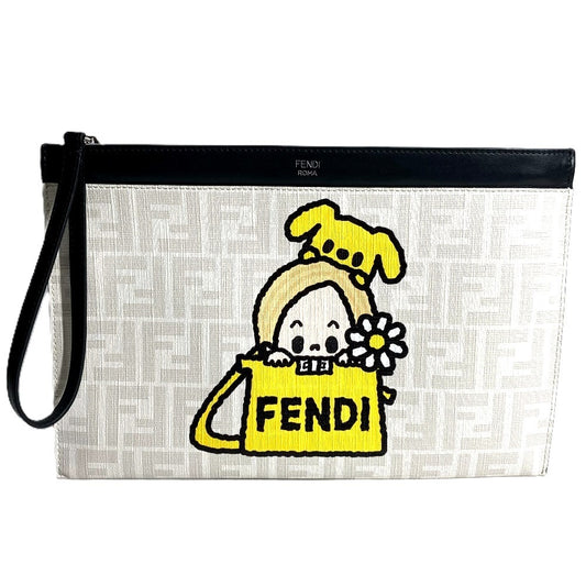 FENDI 7N0134 Tarout Collaboration Zukka Logo Clutch Bag Pouch Bag Second Bag Clutch Bag Leather Unisex White