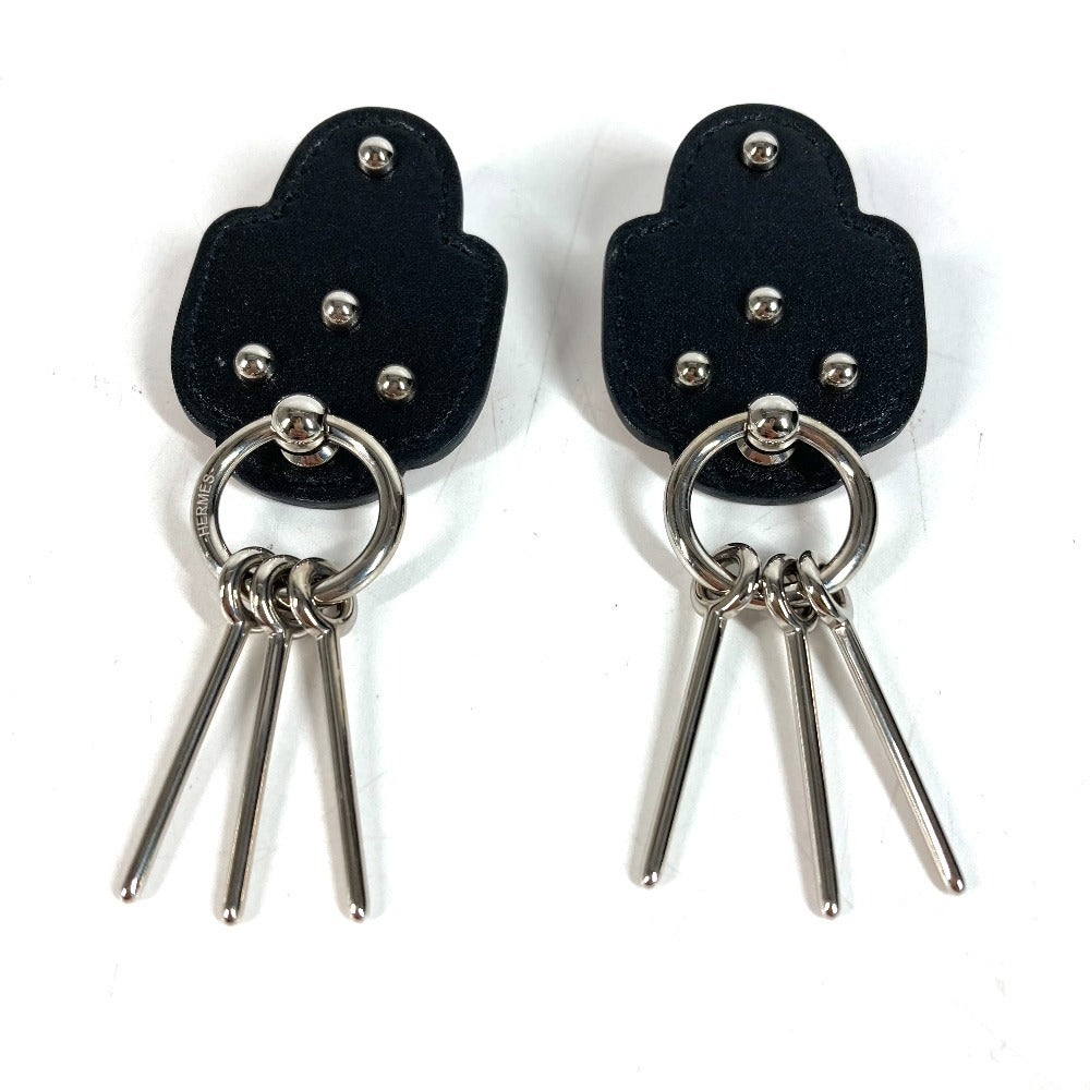 HERMES Carnaby logo Accessory Jewelry Pierce Leather Black/Silver Used