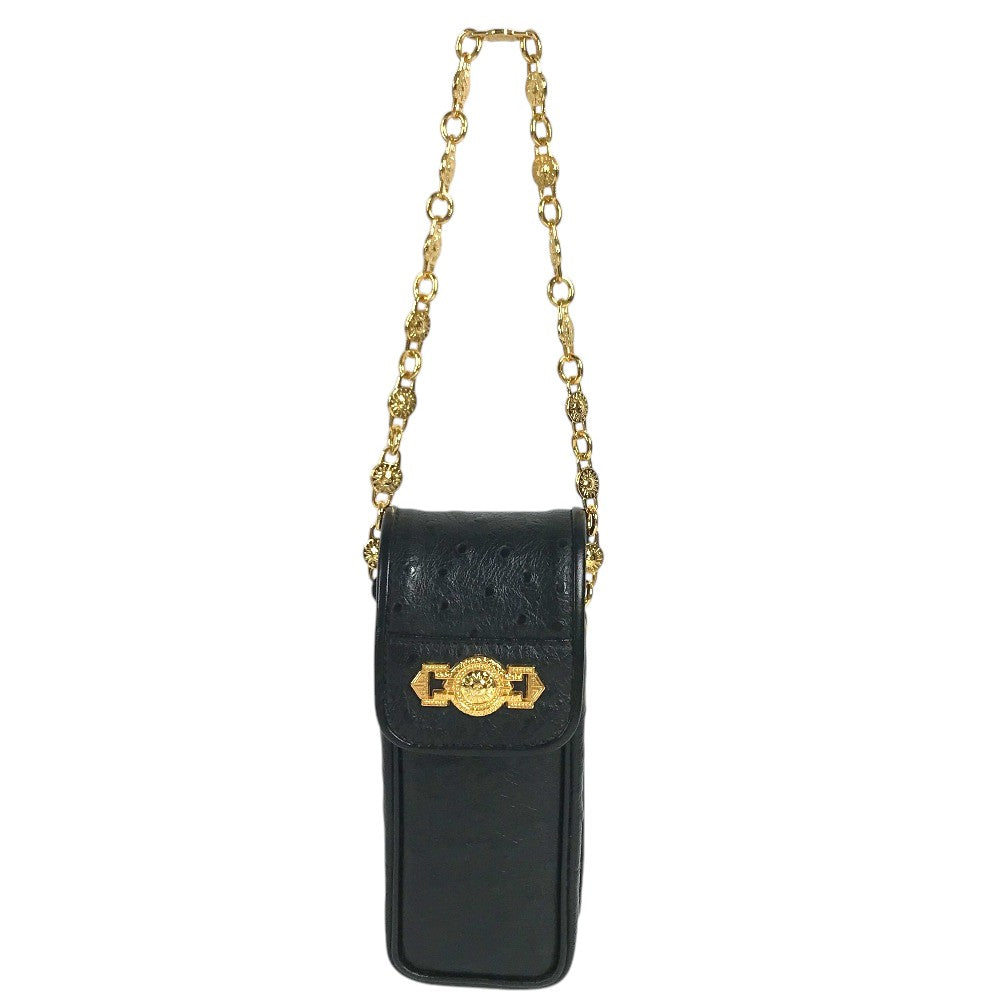 VERSACE vintage Sunburst Logo Mobile Phone Pouch Flap Chain Bag Hand Bag Embossed Leather Black Used