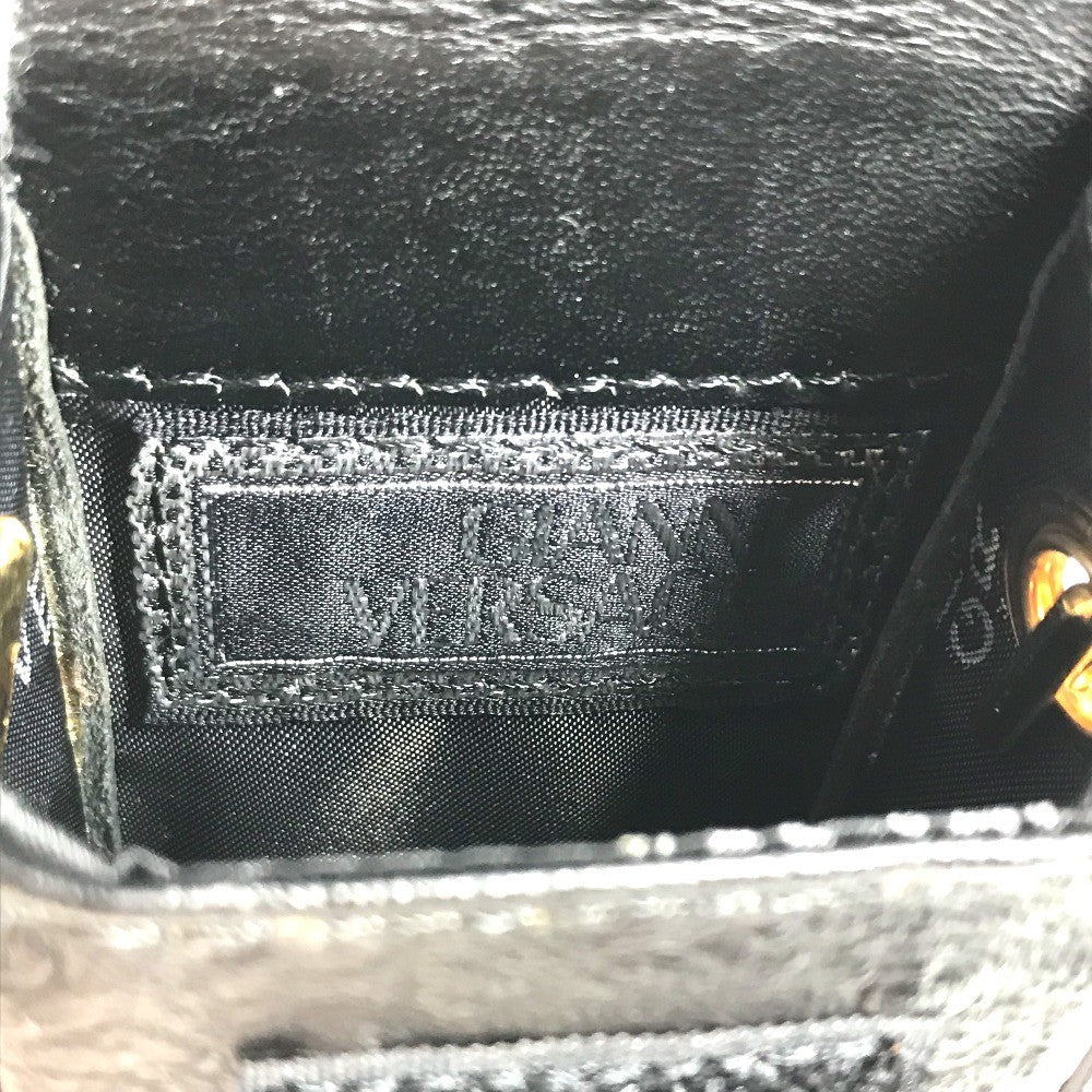 VERSACE vintage Sunburst Logo Mobile Phone Pouch Flap Chain Bag Hand Bag Embossed Leather Black Used