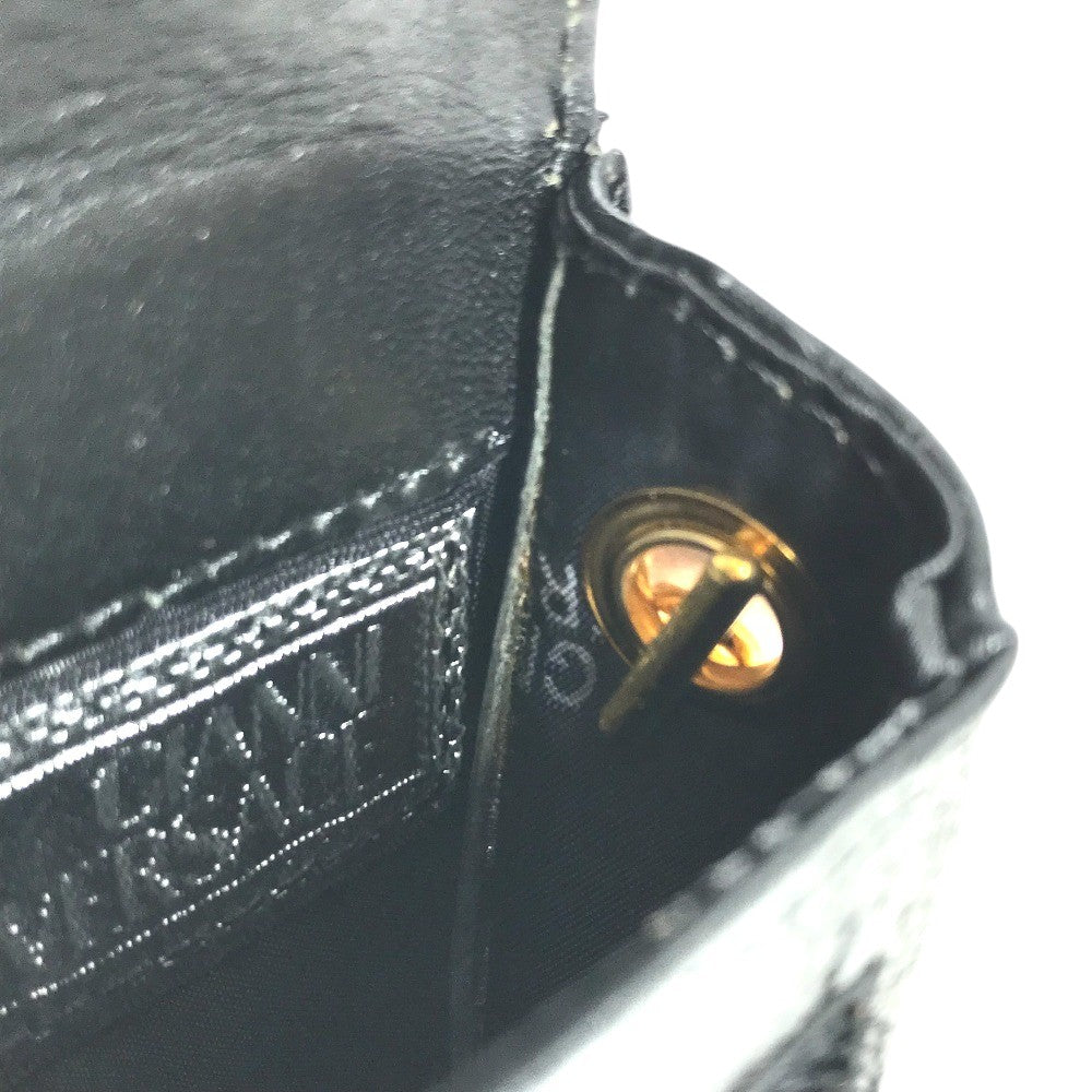 VERSACE vintage Sunburst Logo Mobile Phone Pouch Flap Chain Bag Hand Bag Embossed Leather Black Used
