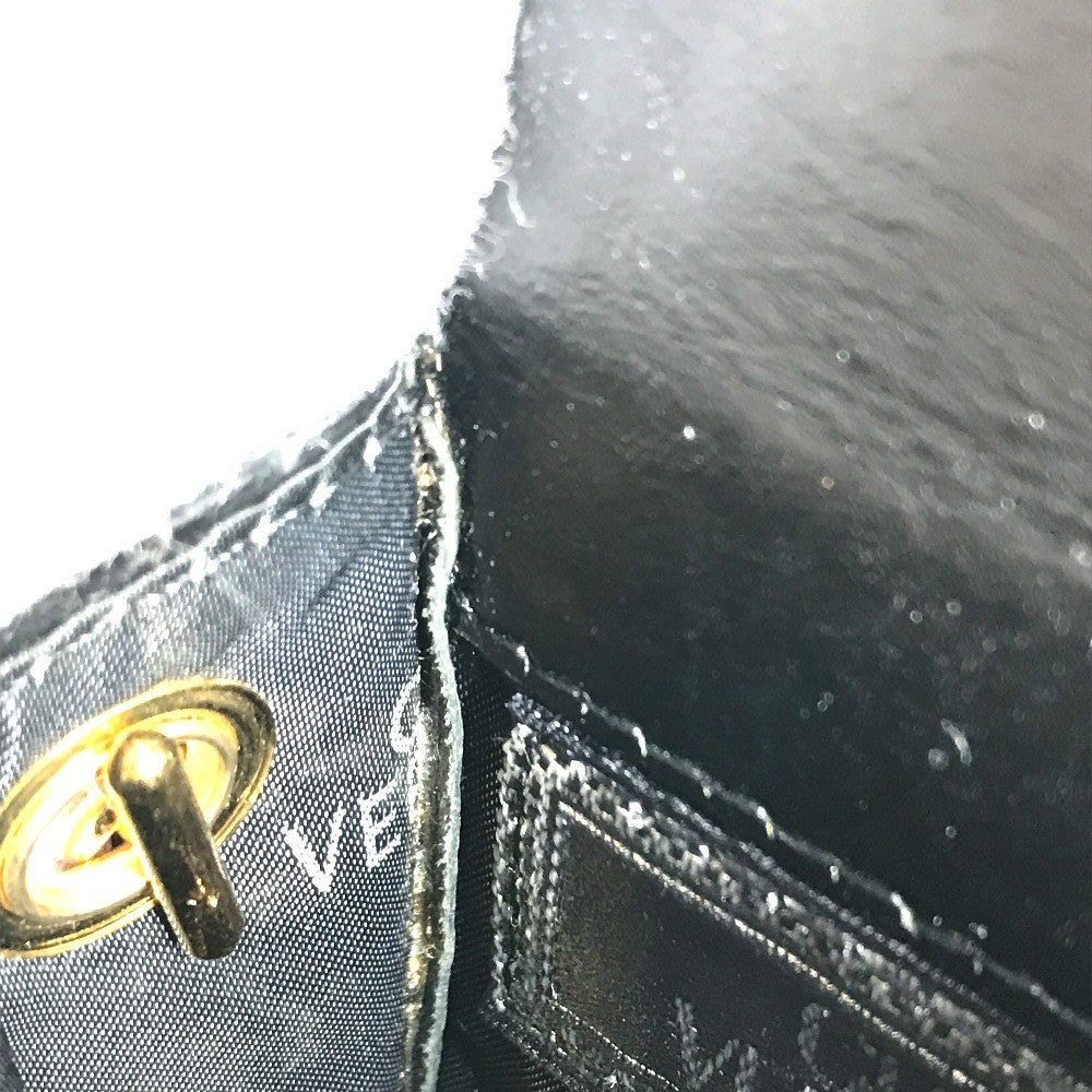 VERSACE vintage Sunburst Logo Mobile Phone Pouch Flap Chain Bag Hand Bag Embossed Leather Black Used