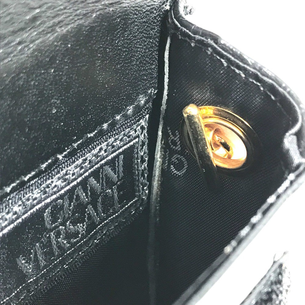 VERSACE vintage Sunburst Logo Mobile Phone Pouch Flap Chain Bag Hand Bag Embossed Leather Black Used