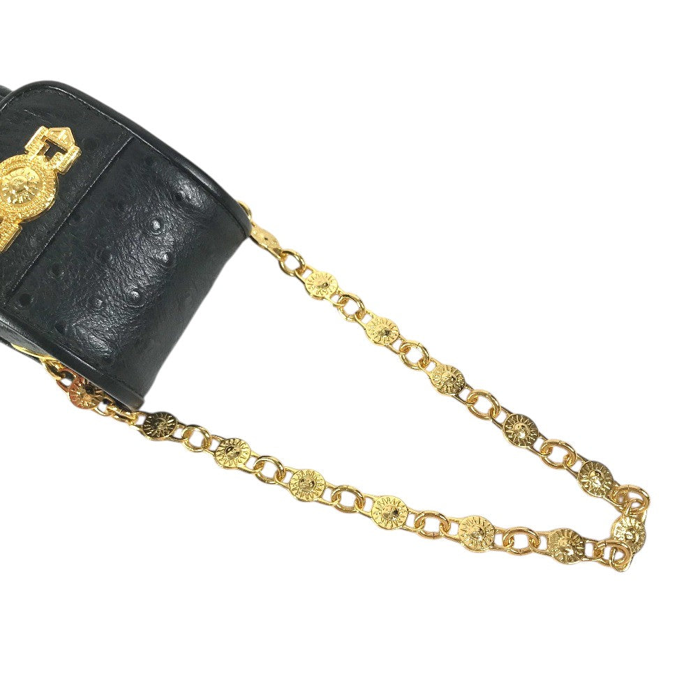 VERSACE vintage Sunburst Logo Mobile Phone Pouch Flap Chain Bag Hand Bag Embossed Leather Black Used