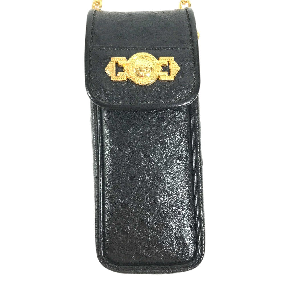 VERSACE vintage Sunburst Logo Mobile Phone Pouch Flap Chain Bag Hand Bag Embossed Leather Black Used
