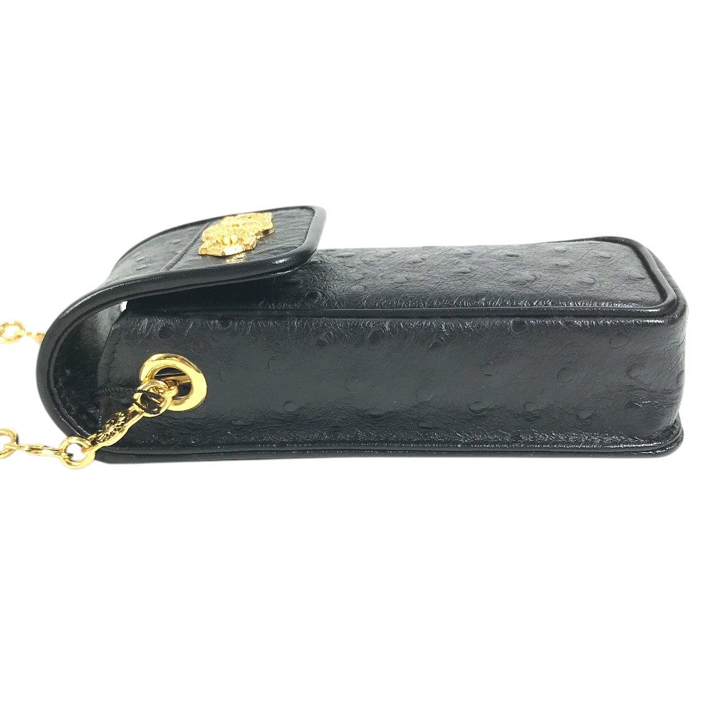 VERSACE vintage Sunburst Logo Mobile Phone Pouch Flap Chain Bag Hand Bag Embossed Leather Black Used