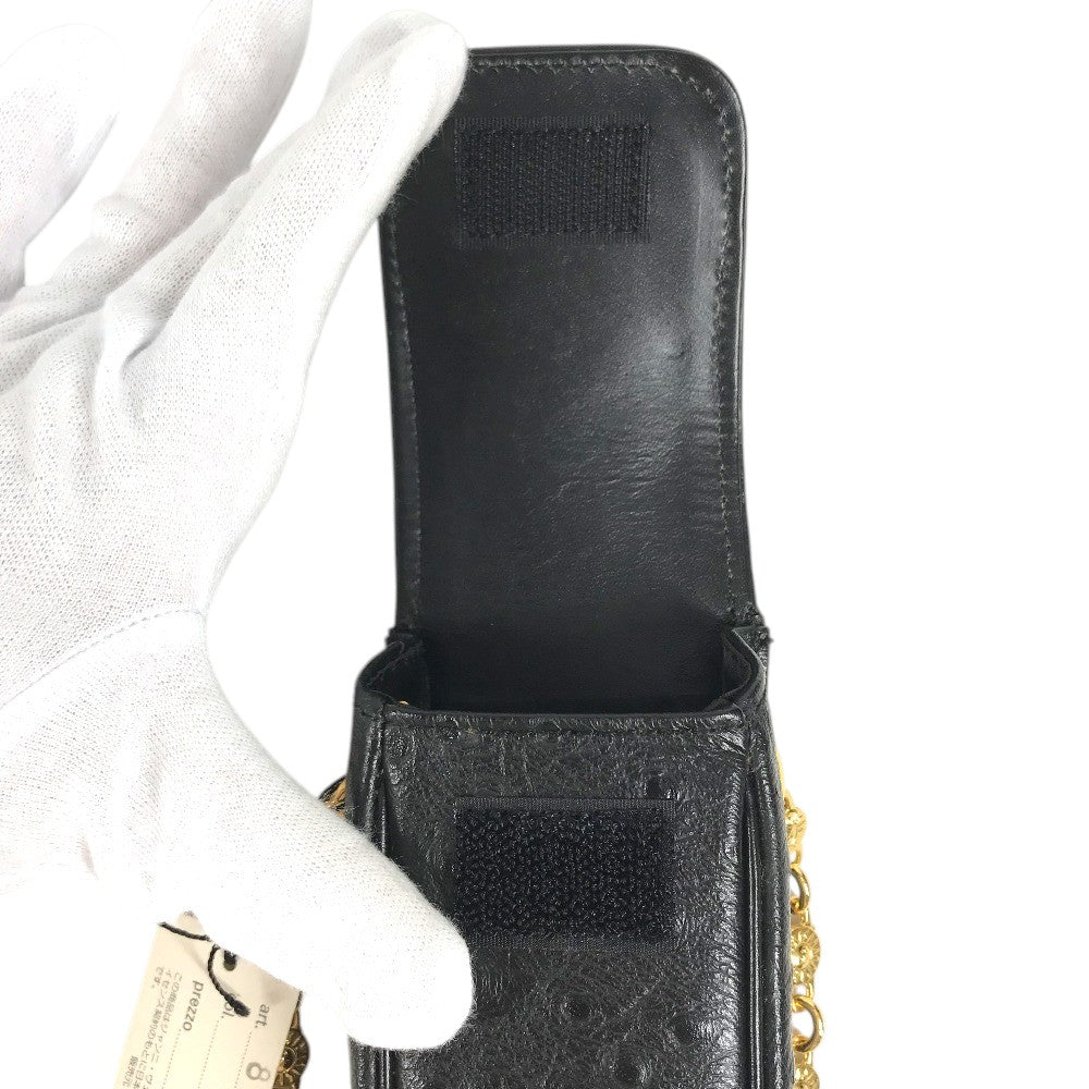 VERSACE vintage Sunburst Logo Mobile Phone Pouch Flap Chain Bag Hand Bag Embossed Leather Black Used