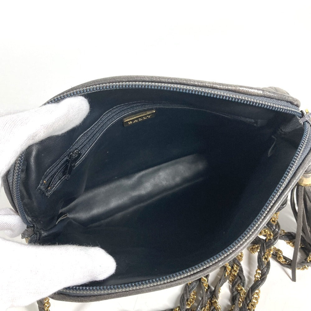 BALLY vintage Logo Quilted Fringe Tassel Twist Chain Bag Pochette Crossbody Shoulder Bag Leather gray Used