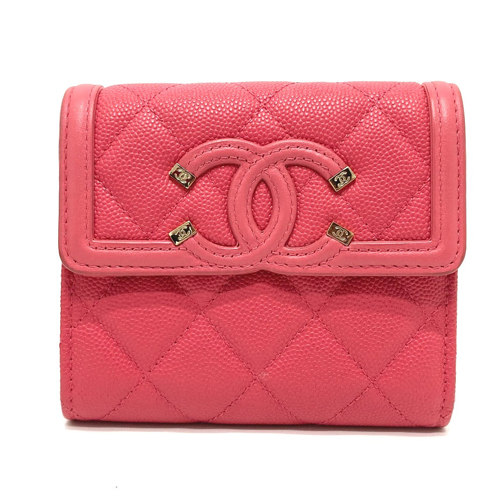 CHANEL AP0375 CC Filigree Matelasse Medium-Long Wallet, Tri-Fold Wallet, Caviar Leather, Women's, Pink