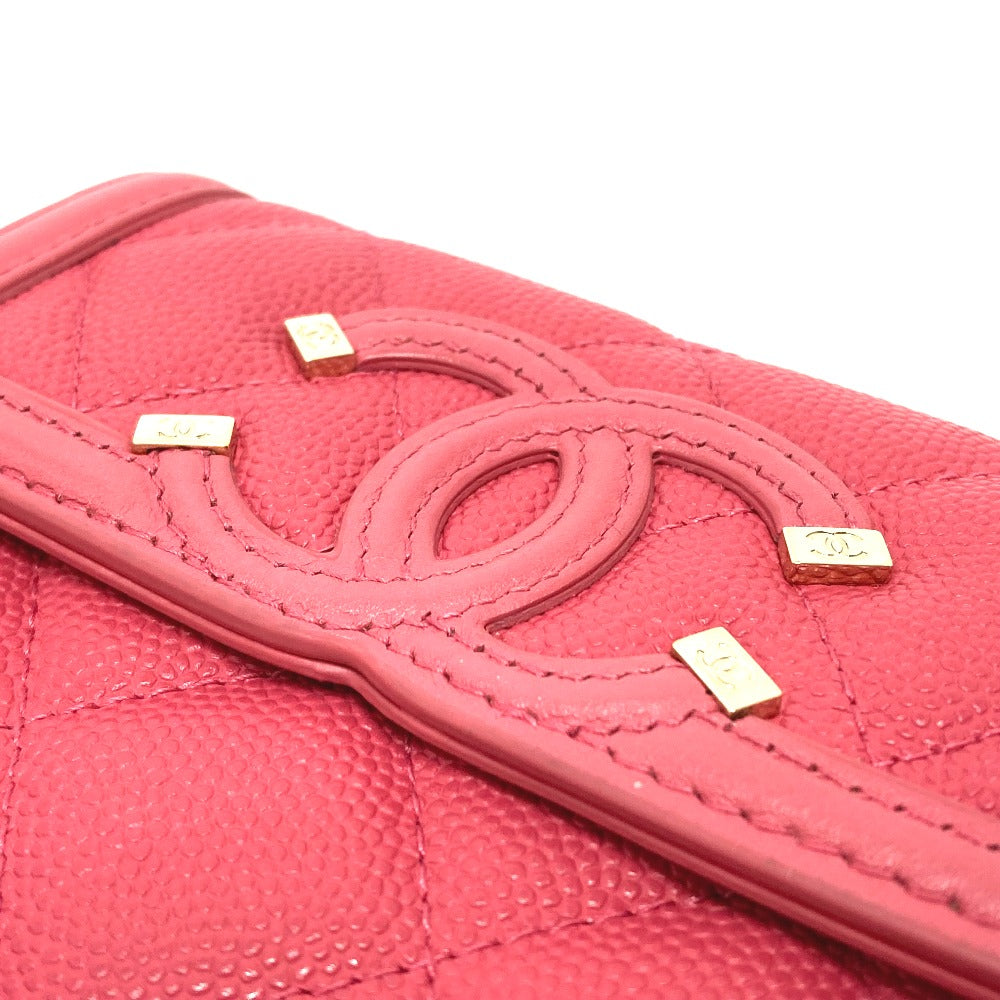 CHANEL AP0375 CC Filigree Matelasse Medium-Long Wallet, Tri-Fold Wallet, Caviar Leather, Women's, Pink