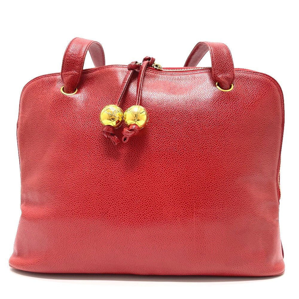 CHANEL CC Coco Mark Ball Charm Tote Bag Shoulder Bag Caviar Leather Women's Red