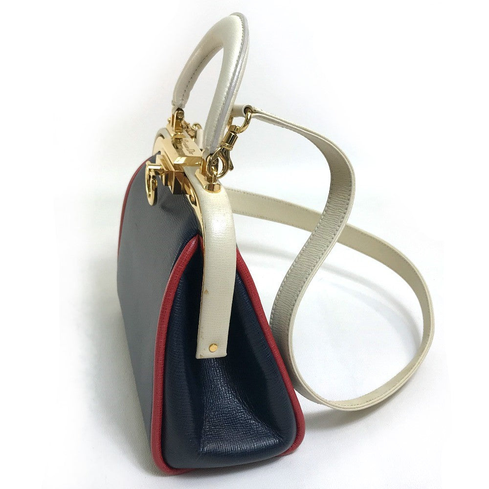 Christian Dior Tricolor Vintage Clasp Purse Bag, 2-Way Shoulder Bag/Handbag, Leather, Women's, Navy, White, and Red