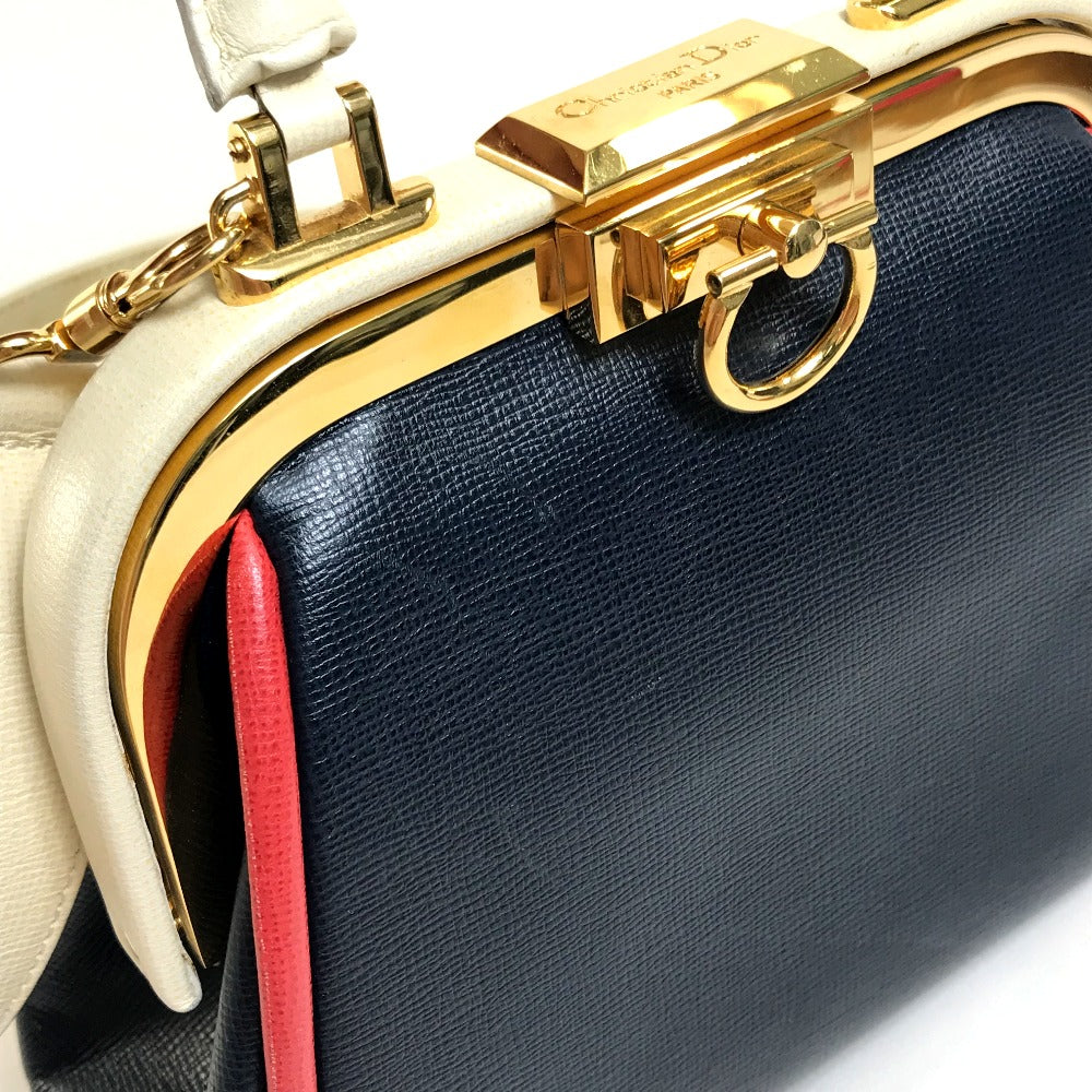 Christian Dior Tricolor Vintage Clasp Purse Bag, 2-Way Shoulder Bag/Handbag, Leather, Women's, Navy, White, and Red