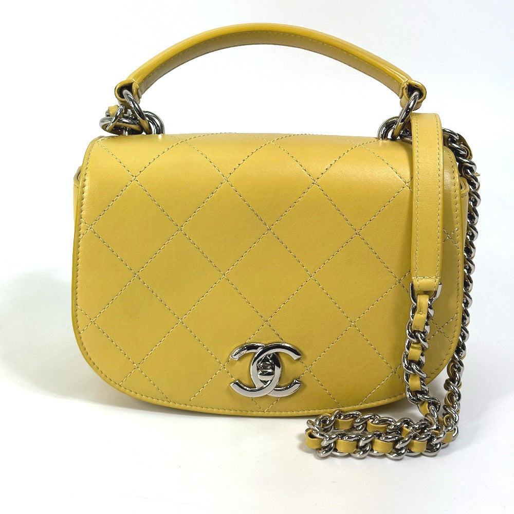 CHANEL CC ココマーク ステッチ マトラッセ チェーン 2WAY ハンドバッグ 斜め掛け ショルダーバッグ カーフスキン レディース イエロー系