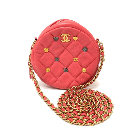CHANEL CC ココマーク マトラッセ ミニ ラウンド カバン チェーンバッグ ポシェット ポーチ ショルダーバッグ ラムスキン レディース ピンク系