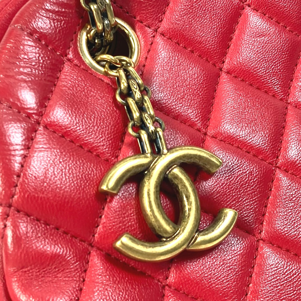 CHANEL CC Coco Mark Matelasse Quilted Mini Boston Bag with Double Chain, Lambskin, Women's, Red