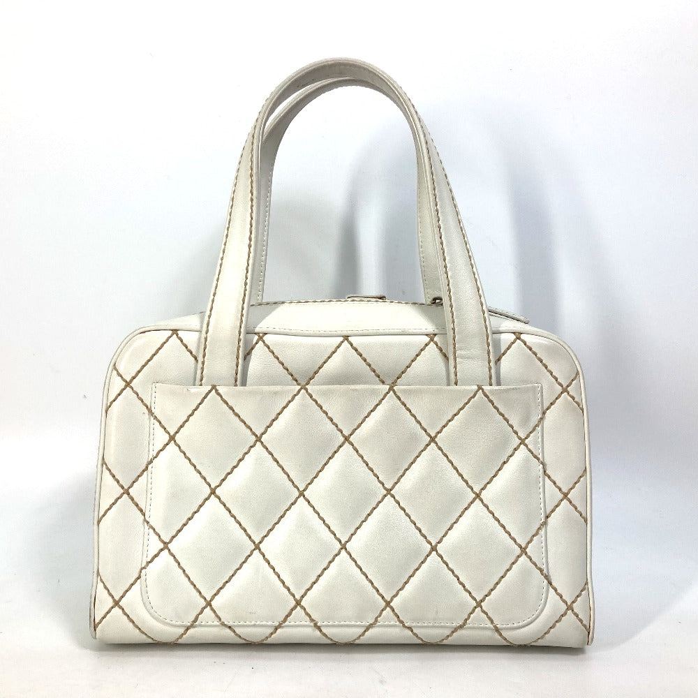 CHANEL CC Coco Mark Wild Stitch Vintage Mini Boston Bag Shoulder Bag Handbag Leather Women's White