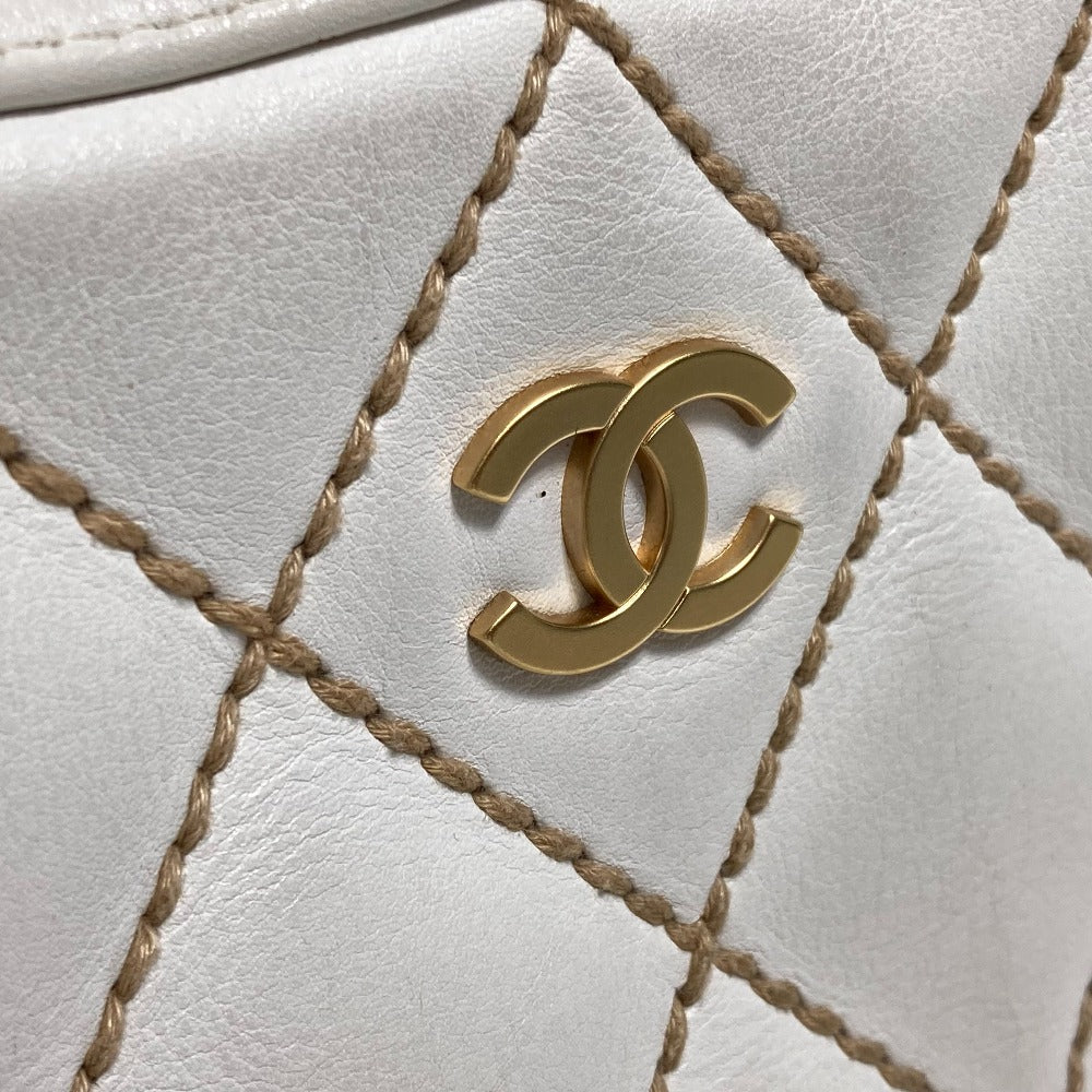 CHANEL CC Coco Mark Wild Stitch Vintage Mini Boston Bag Shoulder Bag Handbag Leather Women's White