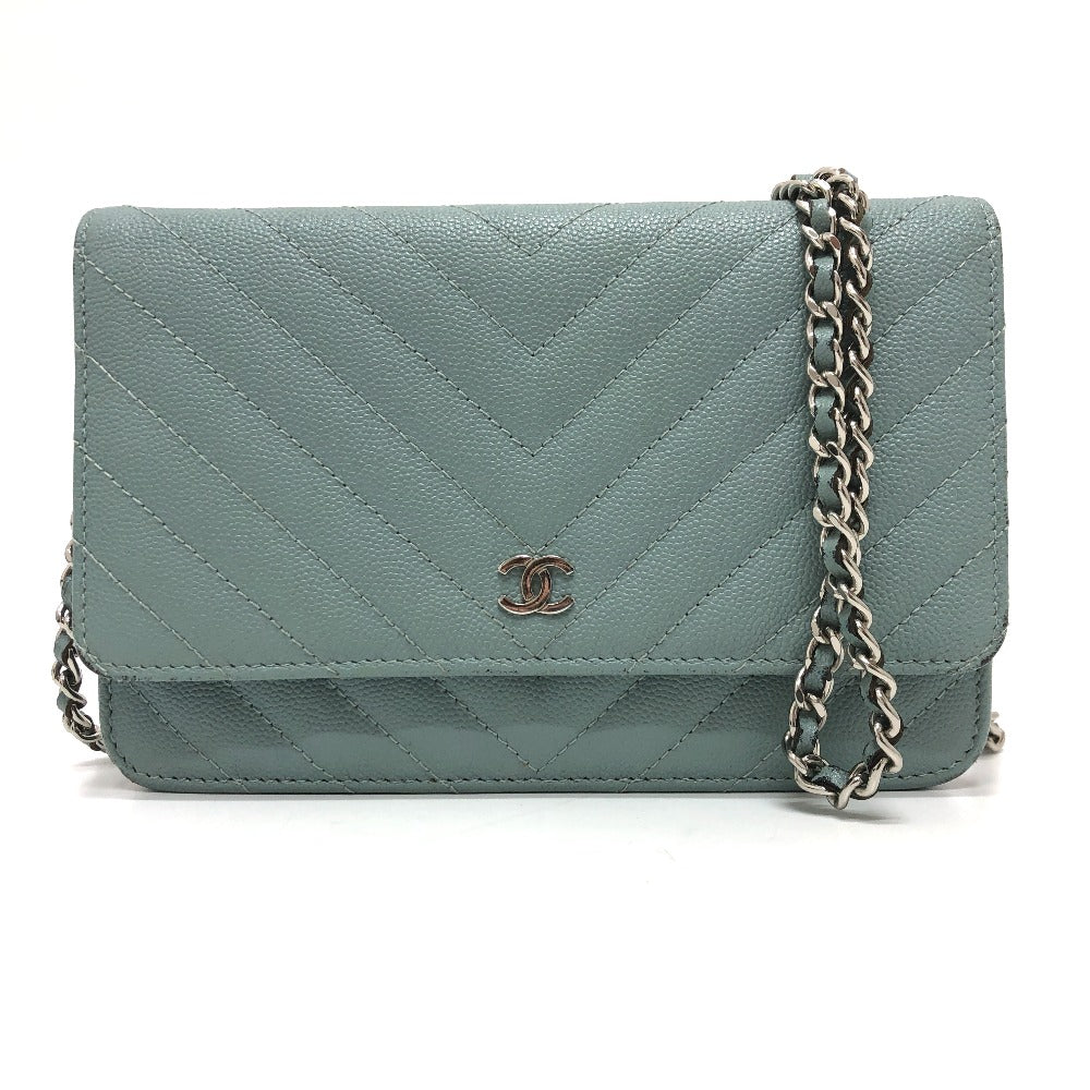 CHANEL 長財布 カバン 斜め掛け Vステッチ ココマーク CC チェーンウォレット ショルダーバッグ キャビアスキン レディース ブルー