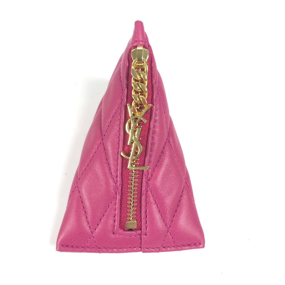 SAINT LAURENT PARIS Quilted Triangle Wallet, Coin Purse, Pouch, Leather, Women's, Pink