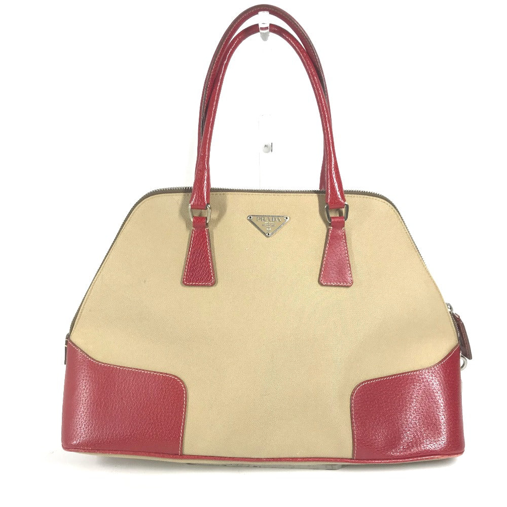PRADA BN0081 バイカラー トライアングルロゴ 三角ロゴ プレート カバン 肩掛け ハンドバッグ トートバッグ ショルダーバッグ レザー/キャンバス レディース ベージュ