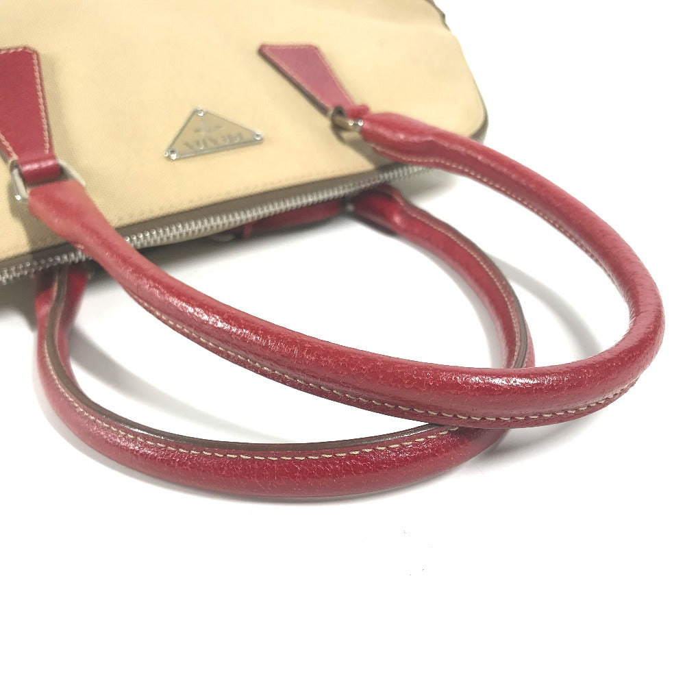 PRADA BN0081 バイカラー トライアングルロゴ 三角ロゴ プレート カバン 肩掛け ハンドバッグ トートバッグ ショルダーバッグ レザー/キャンバス レディース ベージュ