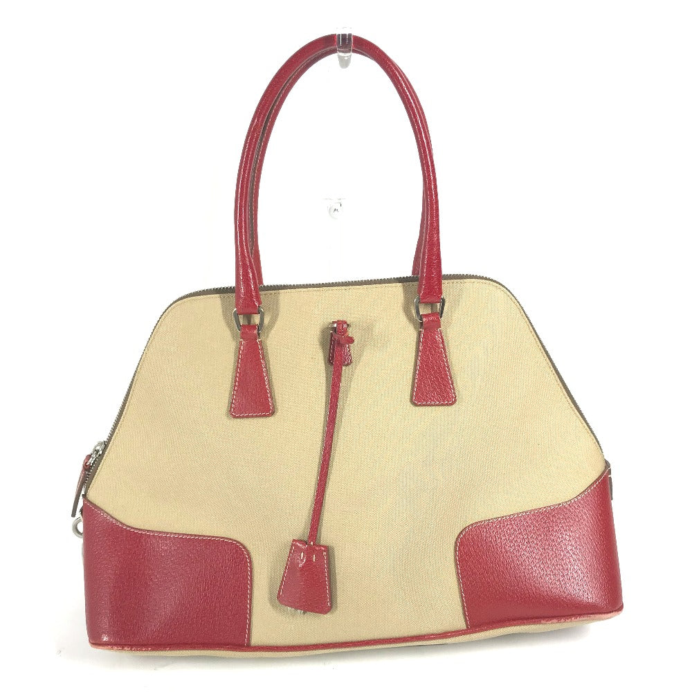 PRADA BN0081 バイカラー トライアングルロゴ 三角ロゴ プレート カバン 肩掛け ハンドバッグ トートバッグ ショルダーバッグ レザー/キャンバス レディース ベージュ