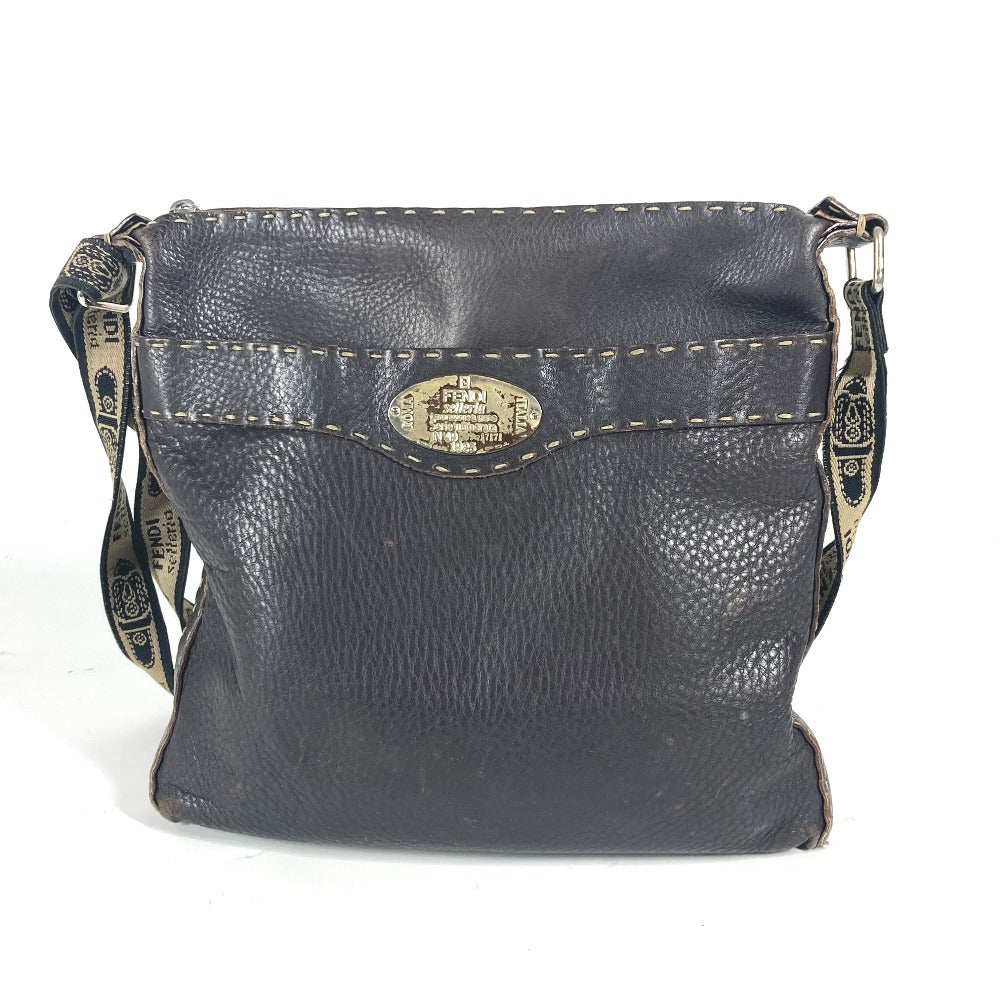 FENDI Selleria Logo Pochette Shoulder Bag in Dark Brown Leather