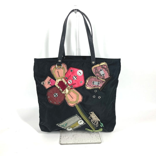 PRADA 刺繍 フラワー 金具 花 ショルダーバッグ カバン 肩掛け ハンドバッグ トートバッグ ナイロン レディース ブラック