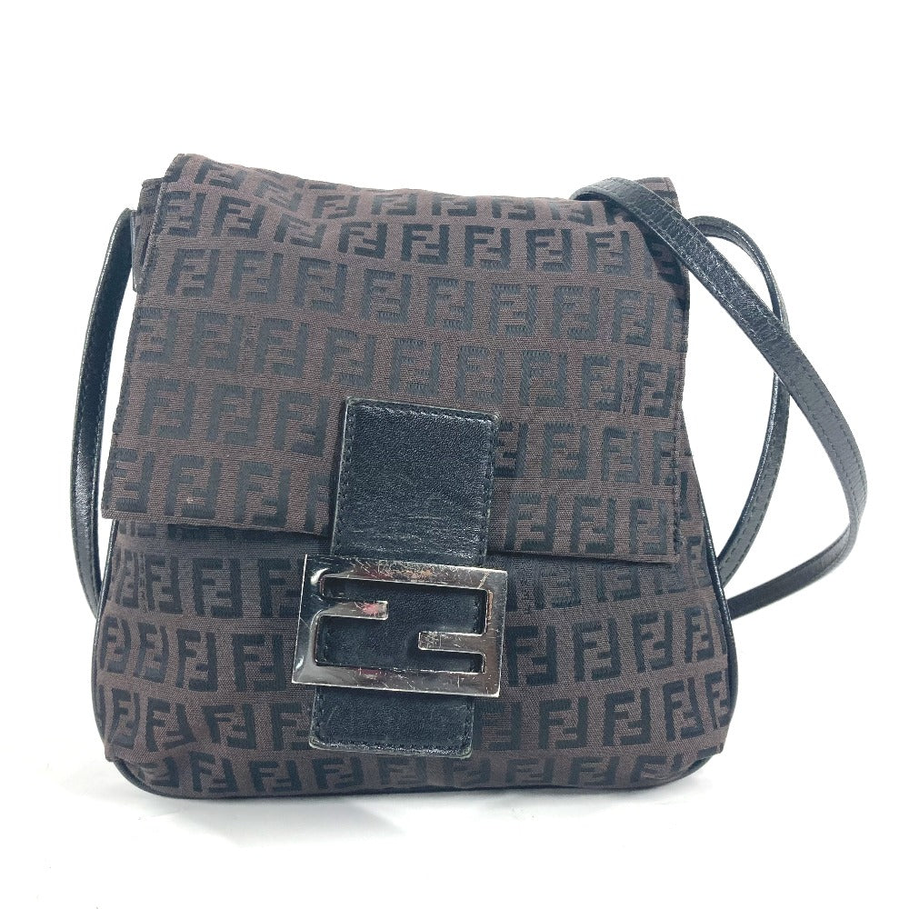 FENDI ズッキーノ ロゴ フラップ 斜め掛け カバン ポシェット ショルダーバッグ レザー/キャンバス レディース ブラウン