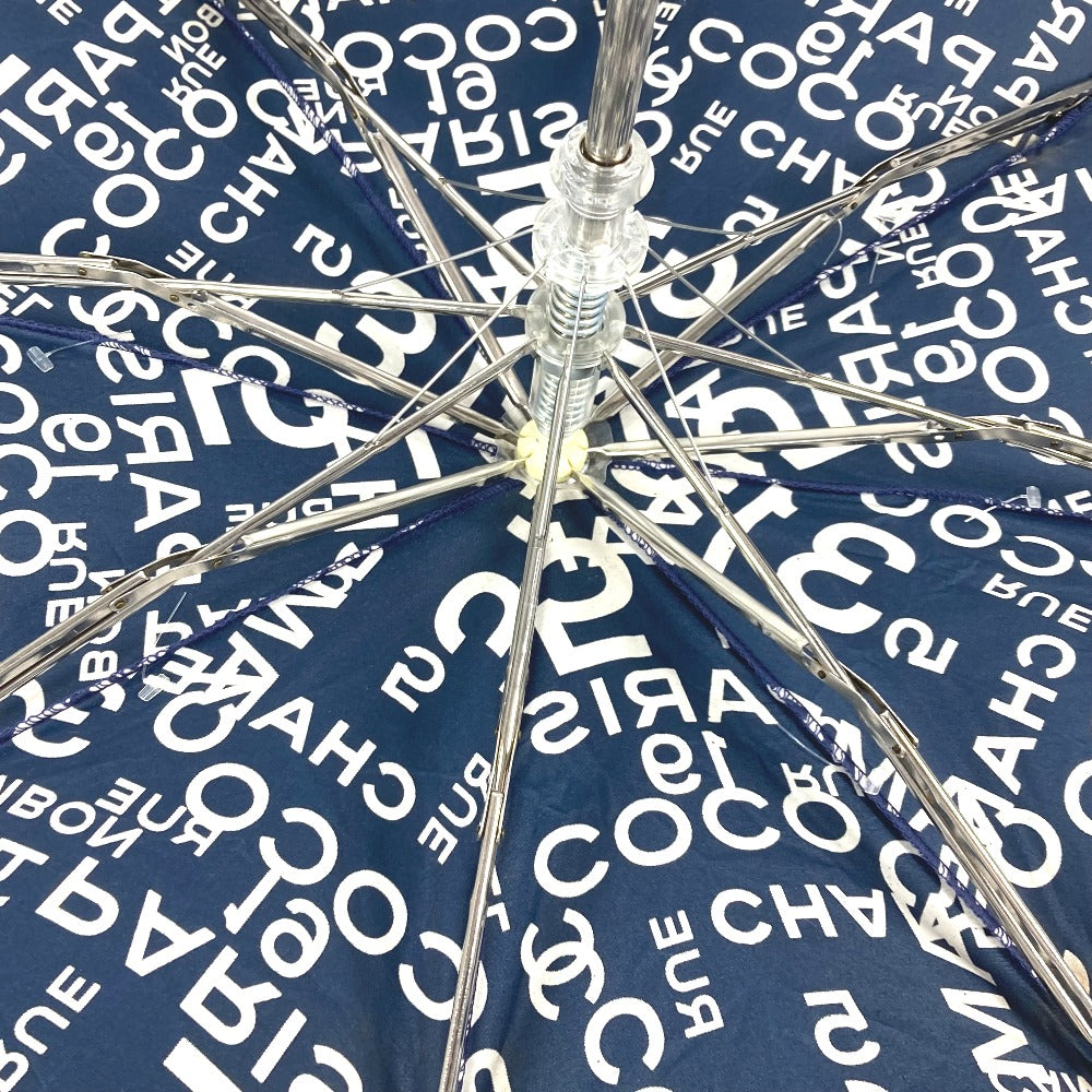 CHANEL バイシーライン パラプリュイ アンブレラ 折り畳み傘 ワンタッチ ポーチ付き 傘 コットン レディース ネイビー