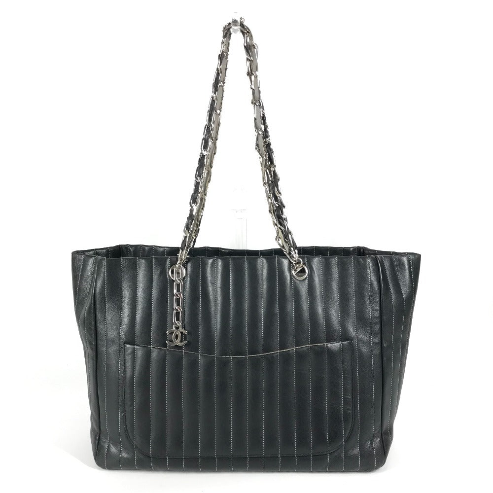 CHANEL CC ココマーク ロゴ ストライプ Wチェーン 肩掛け トートバッグ カバン バッグ ショルダーバッグ レザー レディース ブラック
