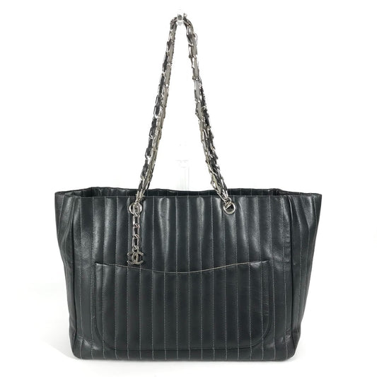 CHANEL CC ココマーク ロゴ ストライプ Wチェーン 肩掛け トートバッグ カバン バッグ ショルダーバッグ レザー レディース ブラック