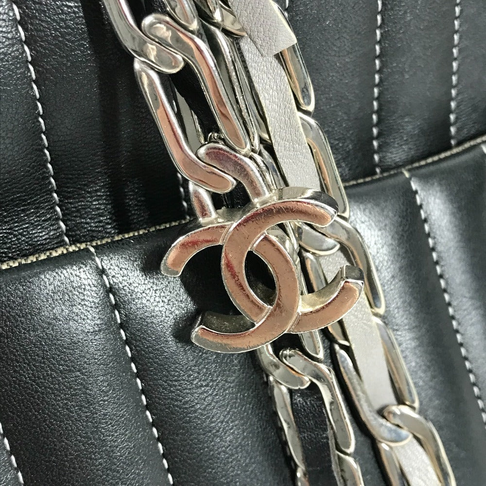 CHANEL CC ココマーク ロゴ ストライプ Wチェーン 肩掛け トートバッグ カバン バッグ ショルダーバッグ レザー レディース ブラック
