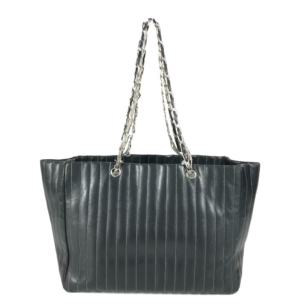 CHANEL CC ココマーク ロゴ ストライプ Wチェーン 肩掛け トートバッグ カバン バッグ ショルダーバッグ レザー レディース ブラック