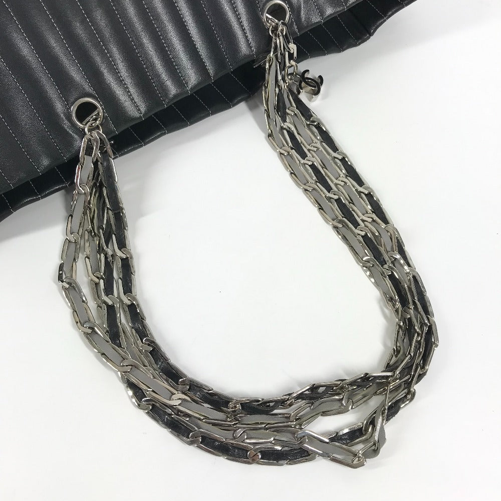 CHANEL CC ココマーク ロゴ ストライプ Wチェーン 肩掛け トートバッグ カバン バッグ ショルダーバッグ レザー レディース ブラック