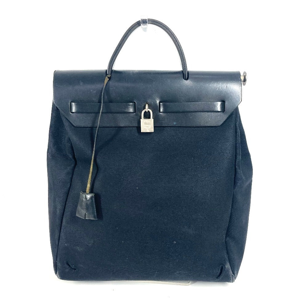 HERMES Airbag Ad PM Handbag/Tote Bag in Leather/Canvas, Unisex, Black