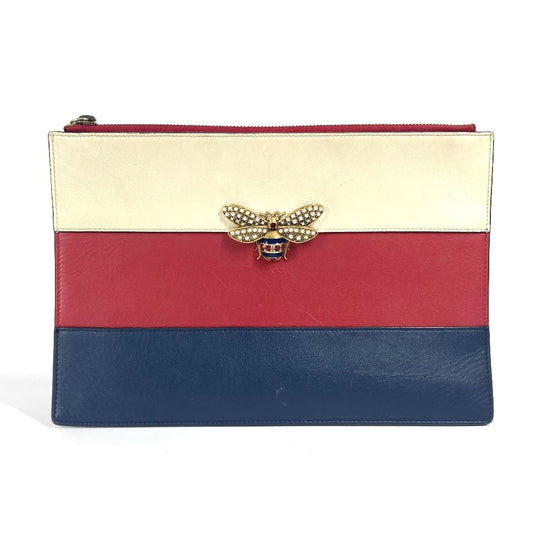 GUCCI 476077 BEE 蜂 ボーダー パール ラインストーン カバン ポーチ セカンドバッグ クラッチバッグ レザー ユニセックス レッド
