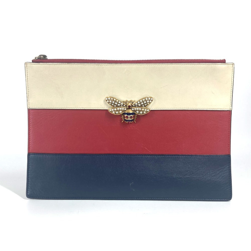 GUCCI 476077 BEE Border Pearl and Rhinestone Bag Pouch Clutch Bag Leather Unisex Red