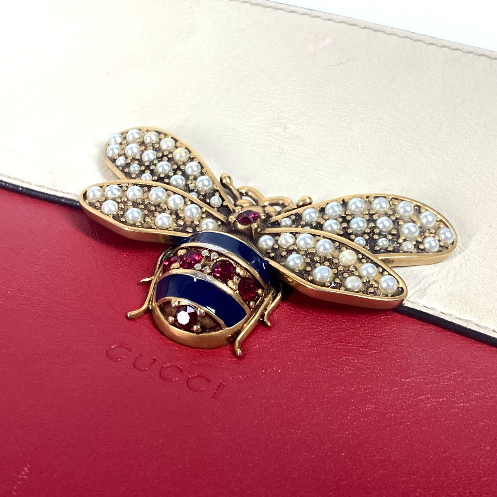 GUCCI 476077 BEE Border Pearl and Rhinestone Bag Pouch Clutch Bag Leather Unisex Red