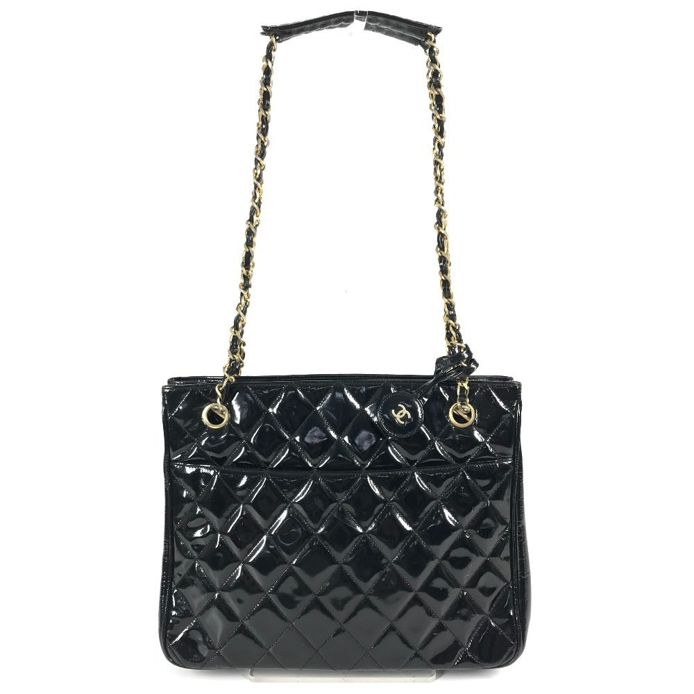 CHANEL ヴィンテージ キルティング マトラッセ Wチェーンバッグ カバン トートバッグ ショルダーバッグ エナメル レディース ブラック