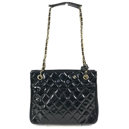 CHANEL ヴィンテージ キルティング マトラッセ Wチェーンバッグ カバン トートバッグ ショルダーバッグ エナメル レディース ブラック