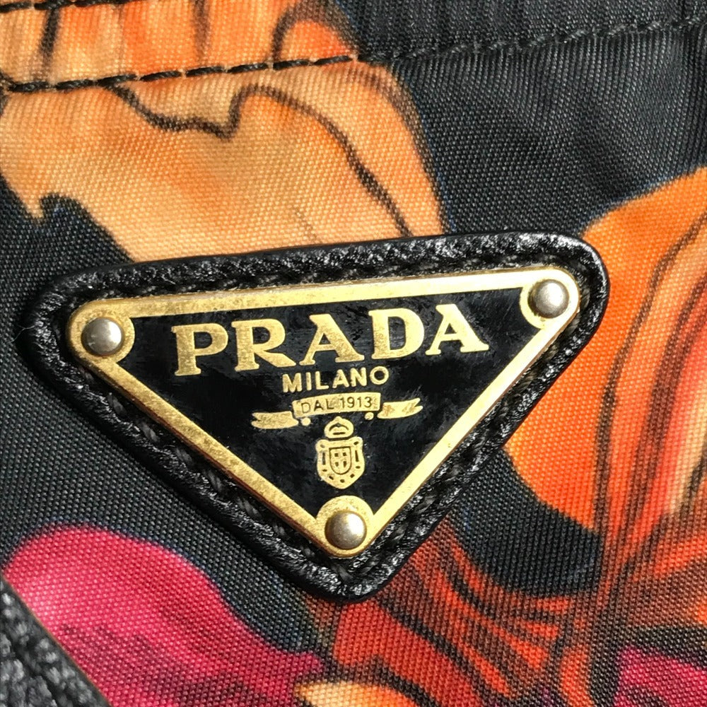 PRADA Floral Triangle Logo Plaque Handbag/Shoulder Bag/Tote Bag in Leather/Nylon, Black