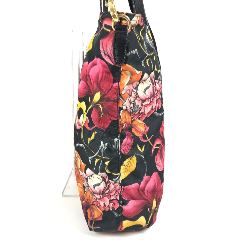 PRADA Floral Triangle Logo Plaque Handbag/Shoulder Bag/Tote Bag in Leather/Nylon, Black