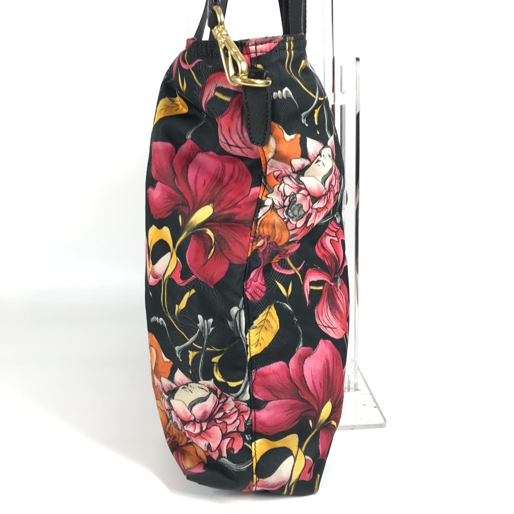 PRADA Floral Triangle Logo Plaque Handbag/Shoulder Bag/Tote Bag in Leather/Nylon, Black