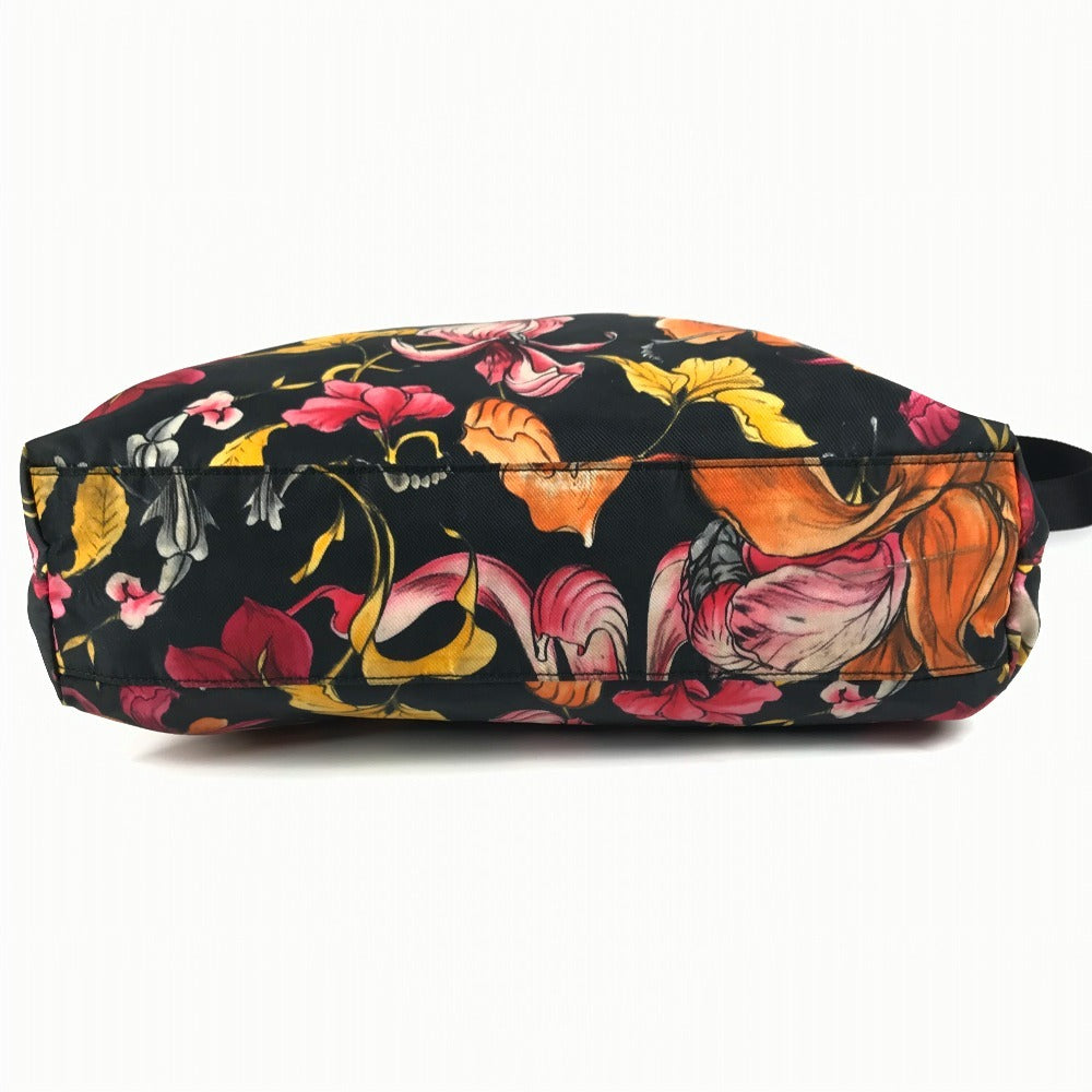 PRADA Floral Triangle Logo Plaque Handbag/Shoulder Bag/Tote Bag in Leather/Nylon, Black