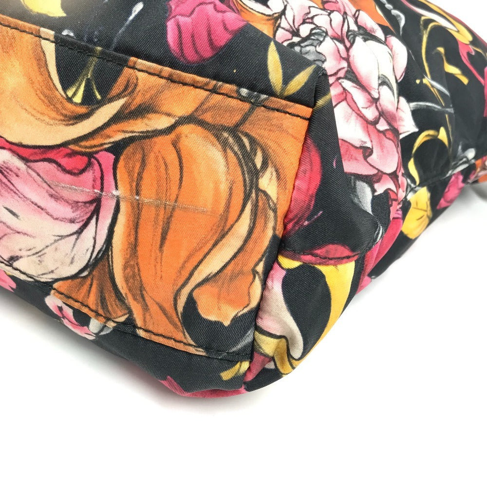 PRADA Floral Triangle Logo Plaque Handbag/Shoulder Bag/Tote Bag in Leather/Nylon, Black