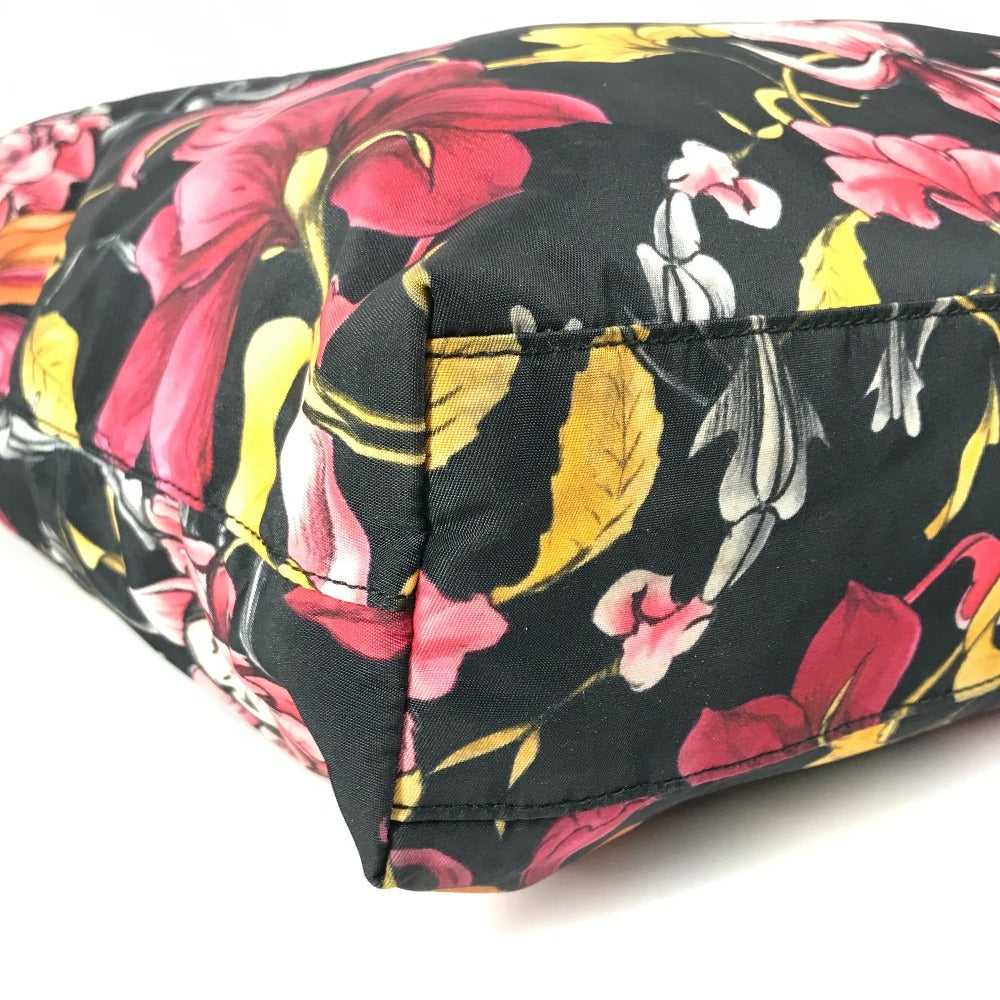 PRADA Floral Triangle Logo Plaque Handbag/Shoulder Bag/Tote Bag in Leather/Nylon, Black